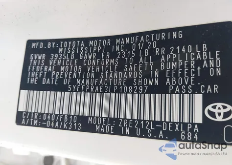 2020 Toyota Corolla Le из США, поврежденный, VIN 5YFEPRAE3LP108297